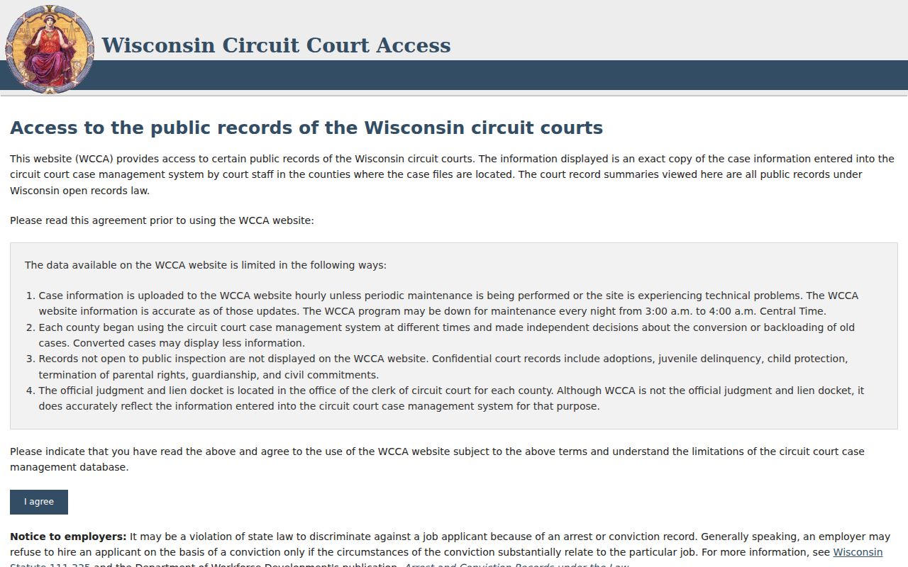 Jefferson County court docket WCCA search interface